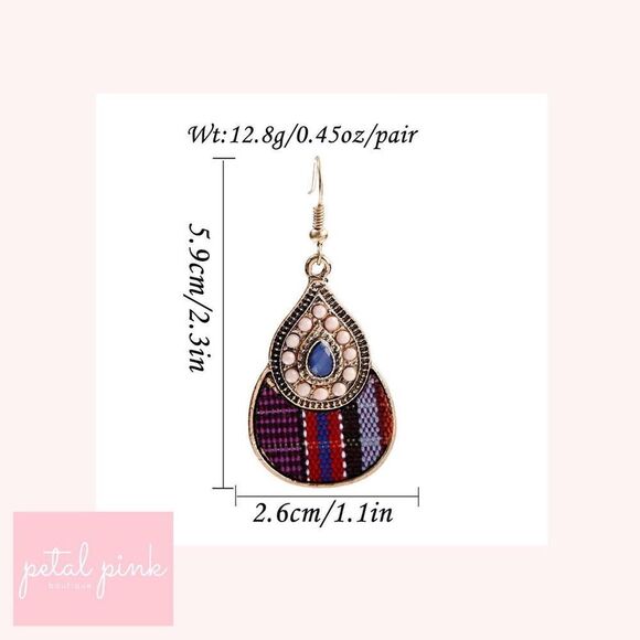 Boho Ethnic Fabric and Resin Drop Earrings - Picture 3 of 4